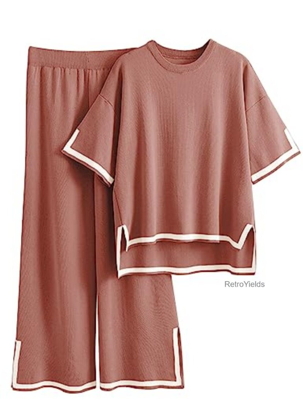 2 Piece Lounge Set Short Sleeve Knit Pullover Top Wide Leg Pants